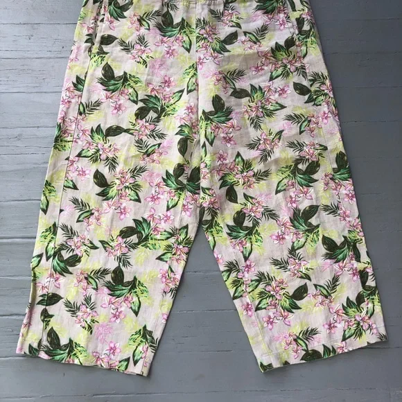 J Jill 100% Linen Pants Size L Flax Orchid Floral Tan Green Wide Leg Crop - Picture 3 of 12